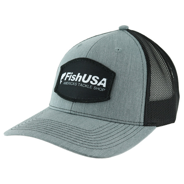 FishUSA Trucker Patch Hat front angle displaying patch logo and slightly pre-curved visor