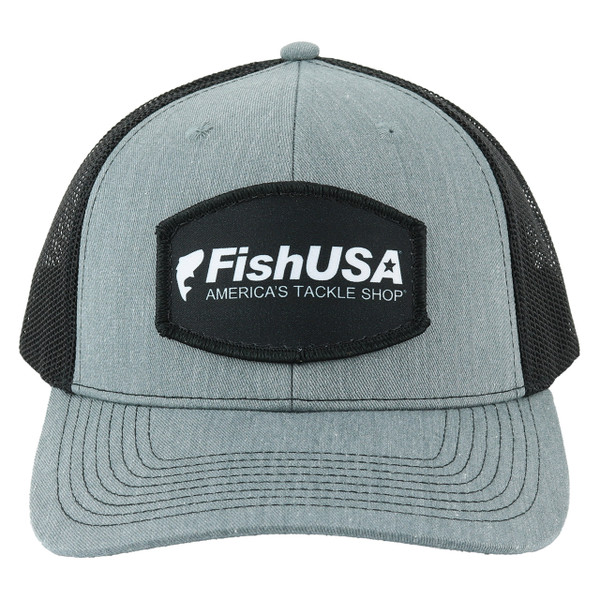 FishUSA Trucker Patch Hat front view with grey panels and black mesh