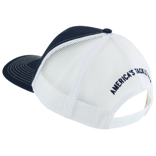 FishUSA Flat Stitch Trucker Hat back angle showing white mesh and adjustable snapback