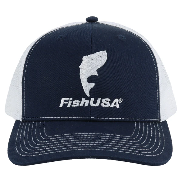 FishUSA Flat Stitch Trucker Hat front view with blue panels and white mesh