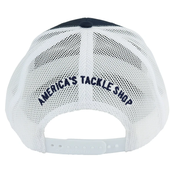FishUSA Flat Stitch Trucker Hat from the back showing the white mesh, snapback closure and text