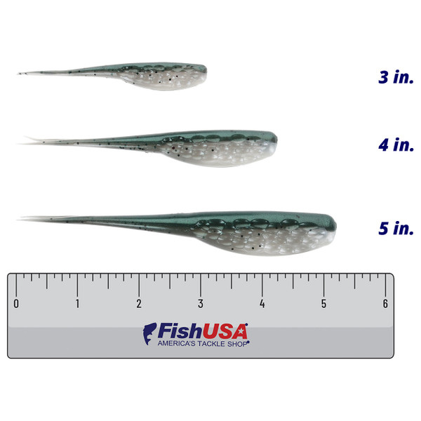 Kalin's Hammered Live Series Jerk Minnow color Green Shiner in all sizes (3 in., 4 in., 5 in.) above a 6 inch FishUSA ruler