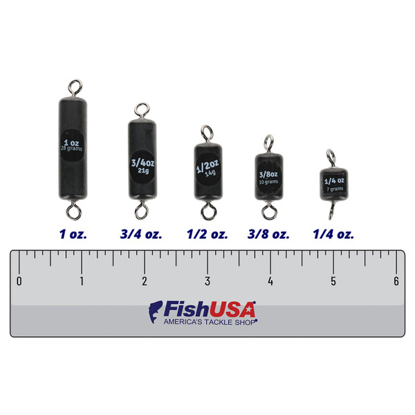 Dave's Tangle Free Steel In-Line Weights in all sizes (1/4 oz., 3/8 oz., 1/2 oz., 3/4 oz., 1 oz.) above a 6 inch FishUSA ruler