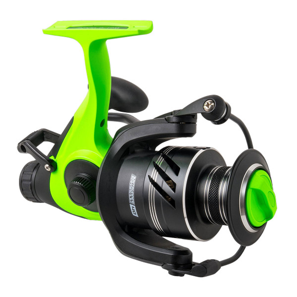 Whisker Seeker Bait Runner Spinning Reel color Toxic Green closeup of spool opposite of handle side