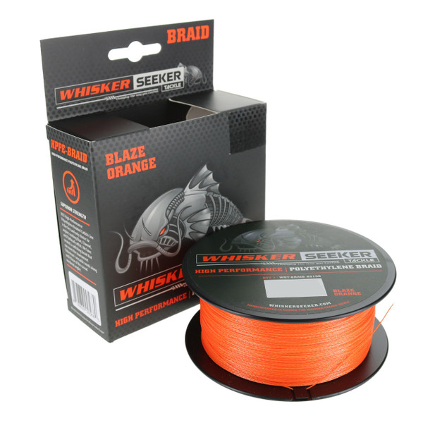 Whisker Seeker High-Viz Braided Line color Blaze Orange spool and box