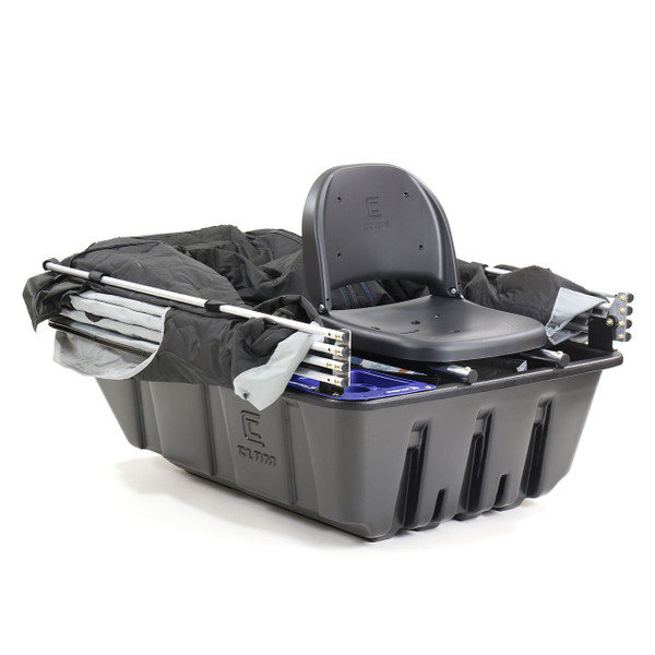 Clam Kenai Pro Thermal Ice Shelter folded down showing chair and sled