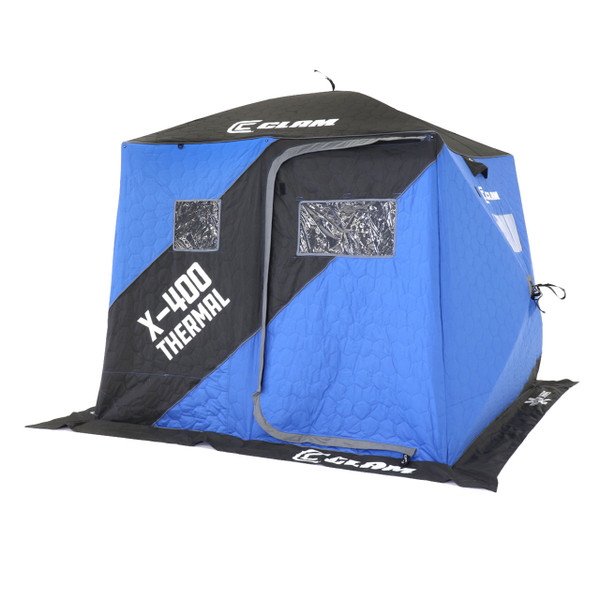 Clam X-400 Thermal Hub Ice Shelter door side angle view