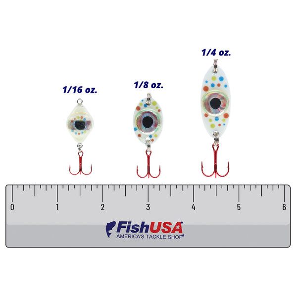 Fish Daddy Dirty Bomb Wonderbread Spoon color Blinking Blue in all sizes (1/16 oz., 1/8 oz., 1/4 oz.) above a 6 inch FishUSA Ruler