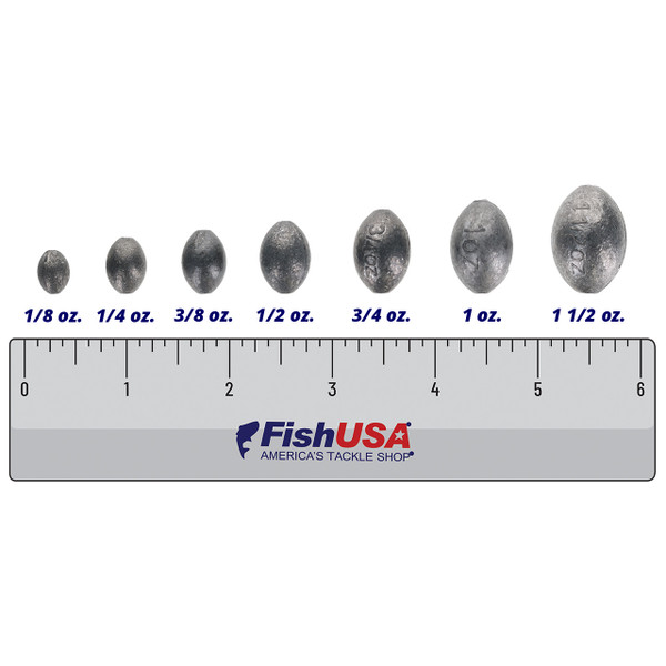 FishUSA Egg Sinkers in all sizes (1/8 oz., 1/4 oz., 3/8 oz., 1/2 oz., 3/4 oz., 1 oz., 1 1/2 oz.) above a 6 inch FishUSA ruler