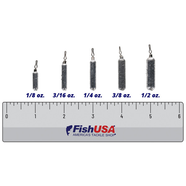 FishUSA Finesse Drop Shot Weights in all sizes (1/8 oz., 3/16 oz., 1/4 oz., 3/8 oz., 1/2 oz.) above a 6 inch FishUSA ruler