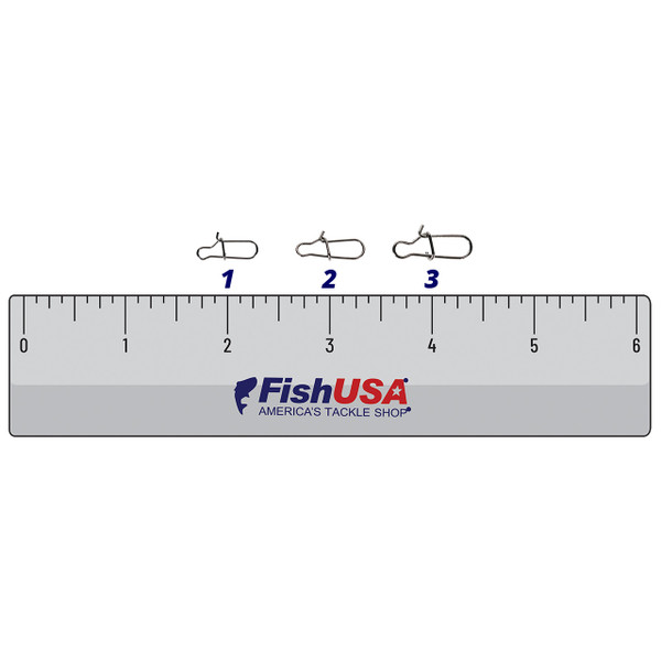 FishUSA Dual Lock Snaps in all sizes (1, 2, 3) above a 6 inch FishUSA ruler