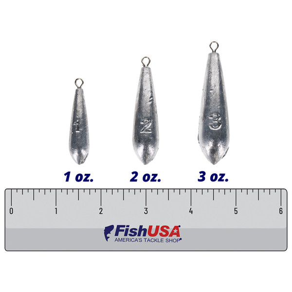 FishUSA Tear Drop Sinkers in all sizes (1 oz., 2 oz., 3 oz.) above a 6 inch FishUSA Ruler