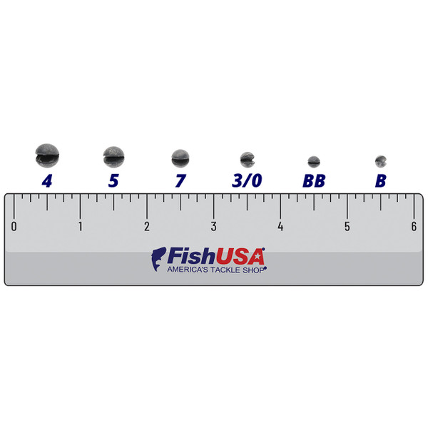 FishUSA Round Split Shot in all sizes (4, 5, 7, 3/0, BB, B) above a 6 inch FishUSA ruler