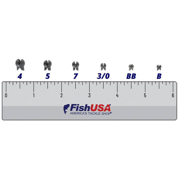 FishUSA Removable Split Shot in all sizes (4, 5, 7, 3/0, BB, B) above a 6 inch FishUSA ruler