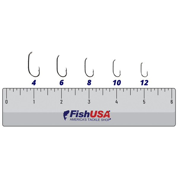 FishUSA Baitholder Hooks in all sizes (4, 6, 8, 10, 12) above a 6 inch FishUSA ruler