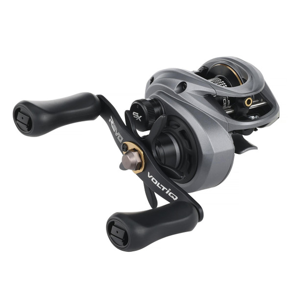 Abu Garcia Revo SX VoltiQ Low Profile Casting Reel model REVO5SXVIQLP handle side angled view