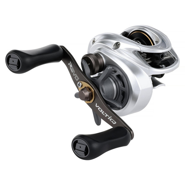 Abu Garcia Revo X VoltiQ Low Profile Casting Reel model REVO5XVIQLP handle side angled view