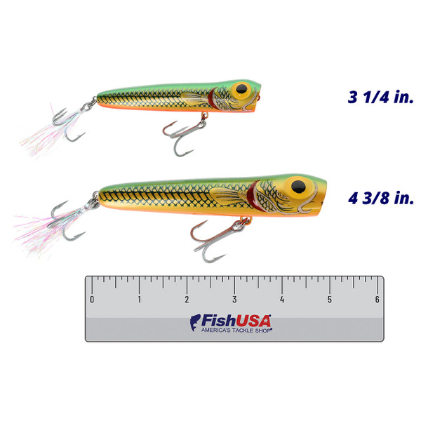 Storm Saltwater Rattlin' Chug Bug color Green Mullet in both sizes (3 1/4 in., 4 3/8 in.) above a 6 inch FishUSA ruler