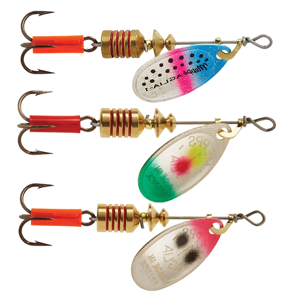 Mepps Plain Aglia Spinner Pak model ST1-B featuring colors Rainbow Trout, Mouse, and Sunfish