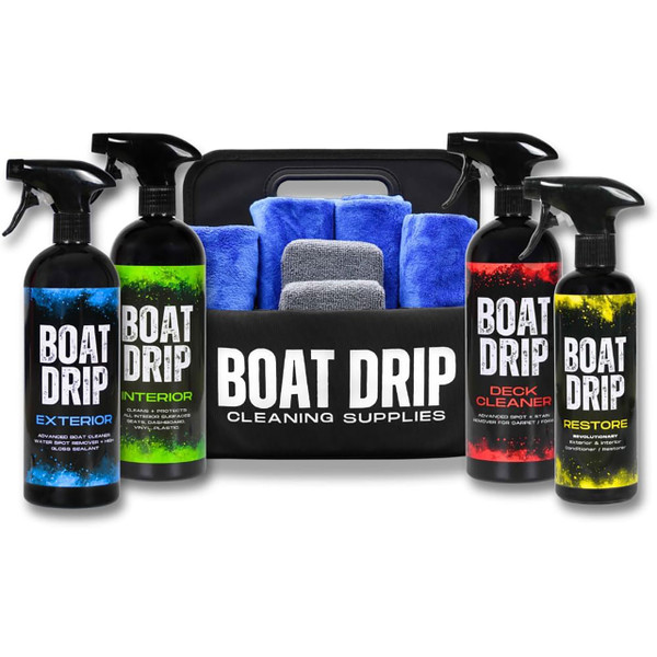 Boat Drip All-In-One Boat Care Kit showing all included cleaners, sprays, pads and towels