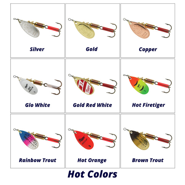 Mepps Plain Aglia Spinner  9 hot colors: Silver, Gold, Copper, Glo White, Gold Red White, Hot Firetiger, Rainbow Trout, Hot Orange, Brown Trout