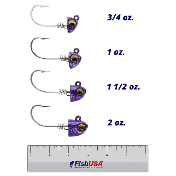 No Live Bait Needed Jig Heads - Size 8/0 color Purple Haze in all sizes (3/4 oz., 1 oz., 1 1/2 oz., 2 oz.) above a 6 inch FishUSA Ruler
