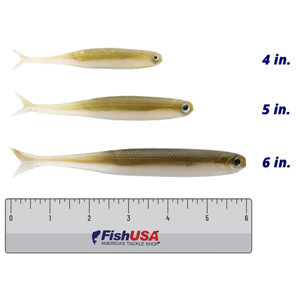 D-Style Virola Minnow color Maji-Wakasagi in all sizes (4 in., 5 in., 6 in.) above a 6 inch FishUSA ruler