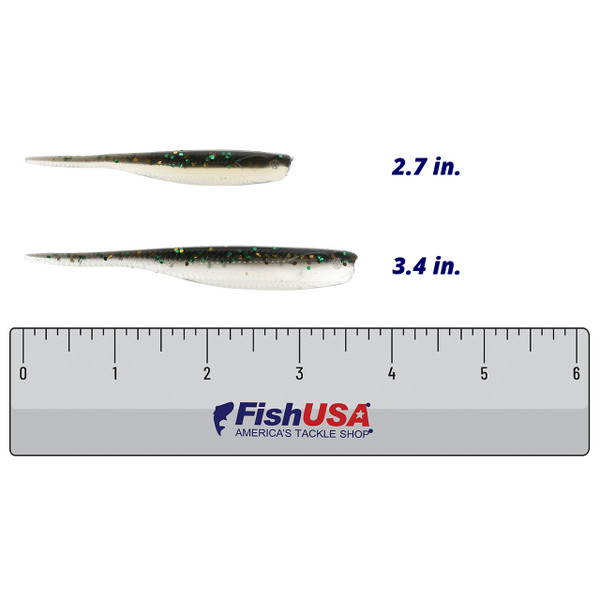 Max4 Max Minnow color Disco Night in both sizes (2.7 in., 3.4 in.) above a 6 inch FishUSA Ruler