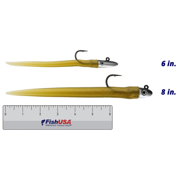 RonZ Lures Orignal Series Rigged Soft Bait color Sand Eel in both sizes (6 in. and 1 oz., 8 in. and 1 1/2 oz.) above a 6 inch FishUSA ruler