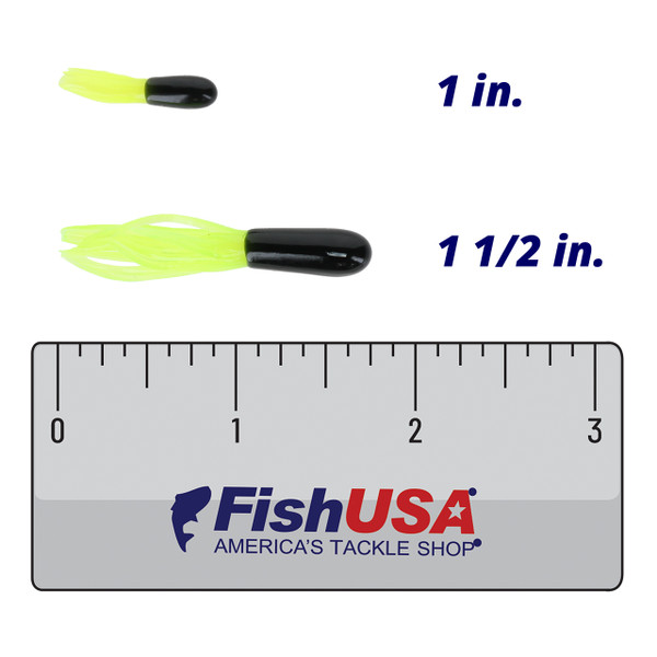 outhern Pro Lit'l Hustler Soft Bait color Black Chartreuse in both sizes (1 in., 1 1/2 in.) above a 3 inch FishUSA ruler