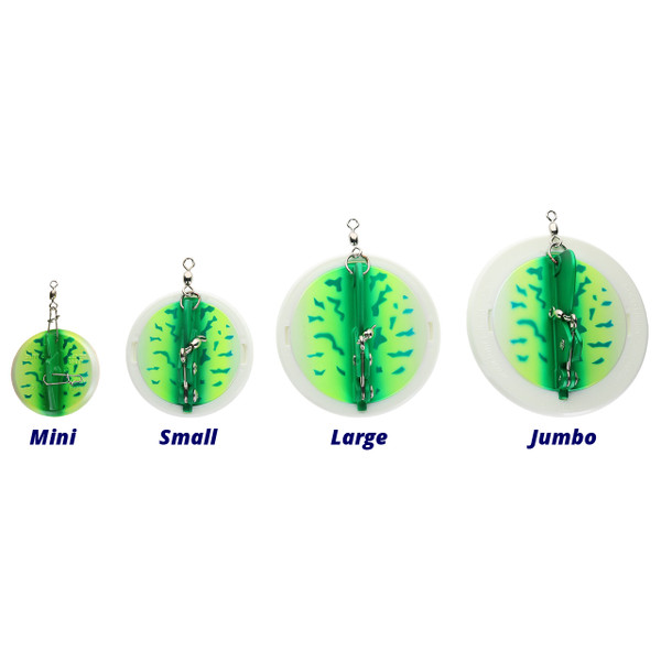 Luhr Jensen Dipsy Diver color Green Fire UV in all sizes (Mini, Small, Large, Jumbo) next to eachother