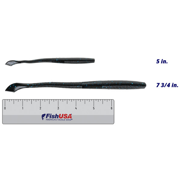 Yamamoto Kut Tail Worm color Black w/ Blue Flake in both sizes (5 in., 7 3/4 in.,) above a 6 inch FishUSA ruler