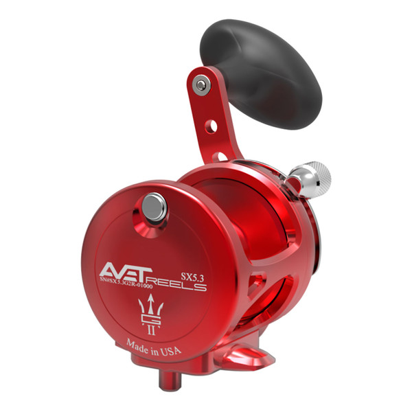 Avet SX G2 Lever Drag Conventional Reel color Red right handed with Glide Plate back view