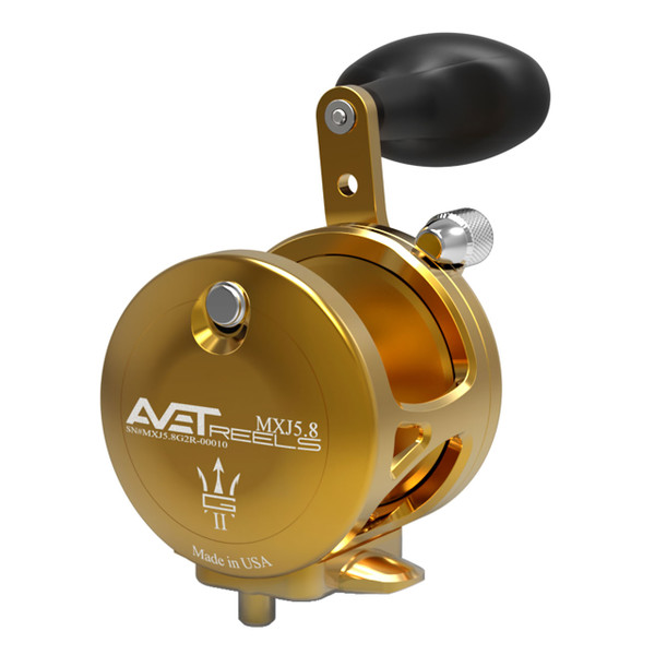 Avet MXJ G2 Lever Drag Conventional Reel color Gold right hand without Glide Plate back view