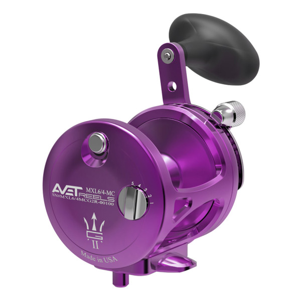 Avet MXL MC G2 Two-Speed Lever Drag Conventional Reel color Purple right hand with Glide Plate back view