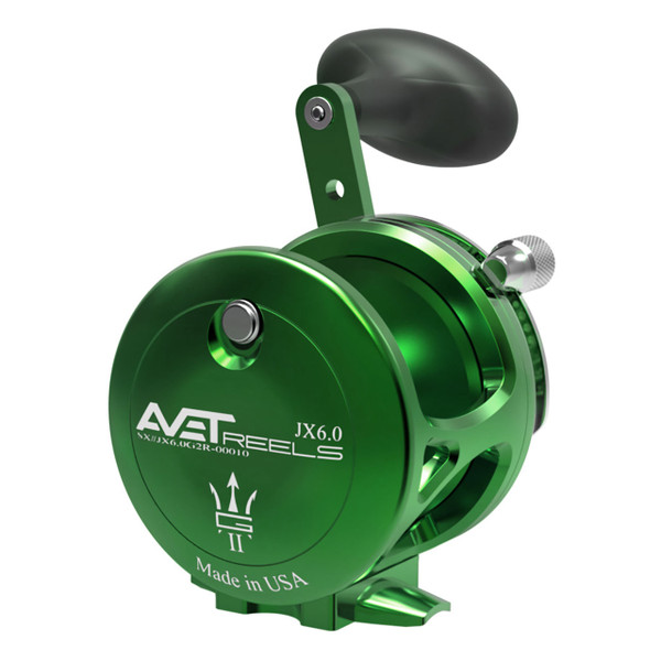 Avet JX G2 Lever Drag Conventional Reel color Green right handed with Glide Plate back view