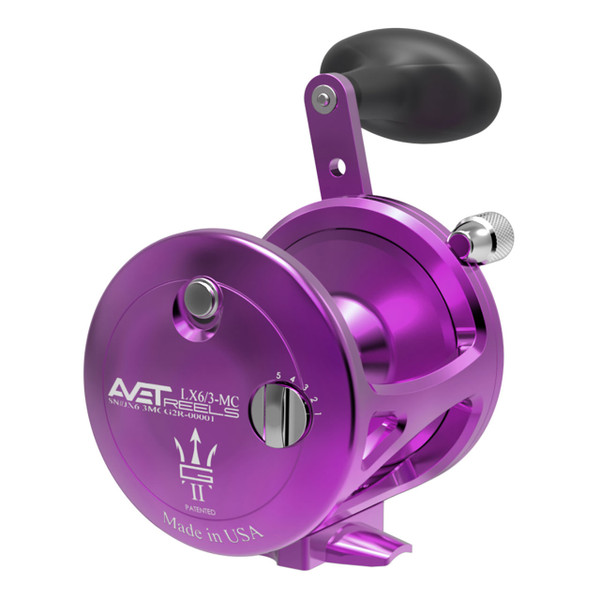 Avet LX MC G2 Two-Speed Lever Drag Conventional Reel color Purple right hand without Glide Plate back view