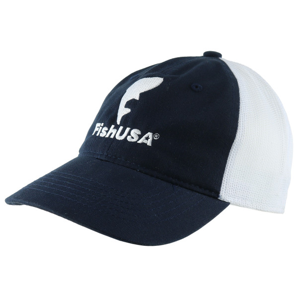 FishUSA Futures Relaxed Fit Youth Hat, front angle view with blue panels and white mesh