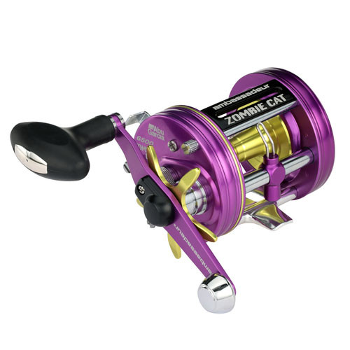 Abu Garcia Ambassadeur Catfish Pro Round Casting Reel color Zombie Cat side angle view
