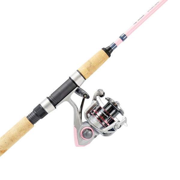 Okuma Pulse Wave Inshore Spinning Combo color Pink close up of reel