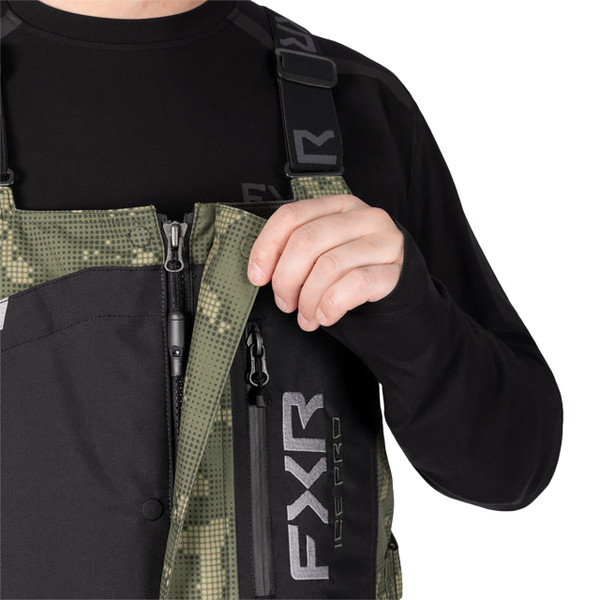 FXR Men's Excursion FX Bibs color Black-Moss close up of zipper