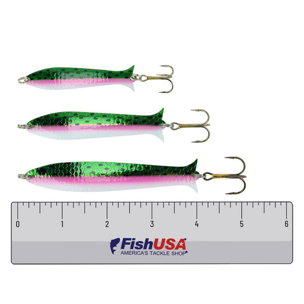 Thomas Speedy Shiner Spoon color Rainbow Trout sizes 1/6 oz., 1/4 oz. and 3/8 oz. with FishUSA ruler for size comparison