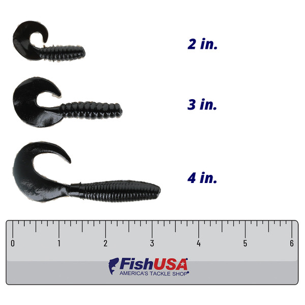 Berkley PowerBait Power Grubs color Black in all sizes (2 in., 3 in., 4 in.) above a 6 inch FishUSA ruler
