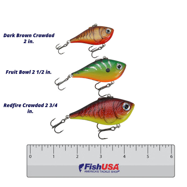 Rapala Rippin' Rap 2, 2 1/2, 2 3/4 inch sizes in Dark Brown Crawdad, Fruit Bowl, Redfire Crawdad compared over a 6 inch ruler