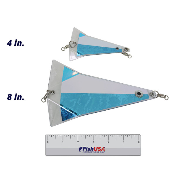 Yakima Bait Big Al's Fish Flash comparing sizes 4 inch and 8 inch in color Surfer over FishUSA 6 inch ruler