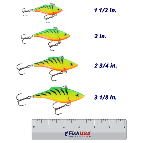 Rapala Rattlin' Rap color Firetiger in all sizes (1 1/2 in., 2 in., 2 3/4 in., 3 1/8 in.) above a 6 inch FishUSA ruler