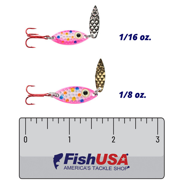 PK Lures Predator Spoon color Wonderbread Glow in both sizes (1/16 oz., 1/8 oz.) above a 3 inch FishUSA ruler