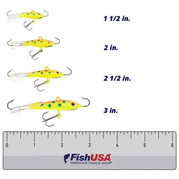 Northland Puppet Minnow Darter Jig color Sneeze in all sizes (1 1/2 in., 2 in., 2 1/2 in., 3 in.) above a 6 inch FishUSA ruler