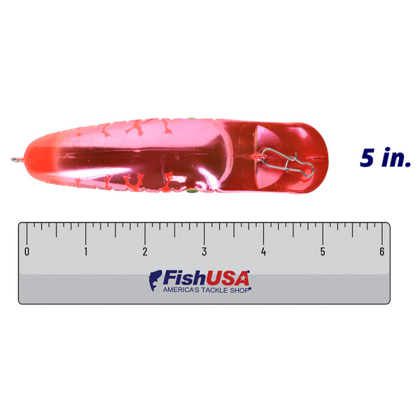 Yakima Bait Mag Lip color Death Punch size 5 in. from above with a 6 inch FishUSA ruler