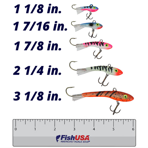 Moonshine Lures Shiver Minnow size comparison of sizes 1 1/8, 1 7/16, 1 7/8, 2 1/4, 3 1/8 inches on a  6 inch ruler